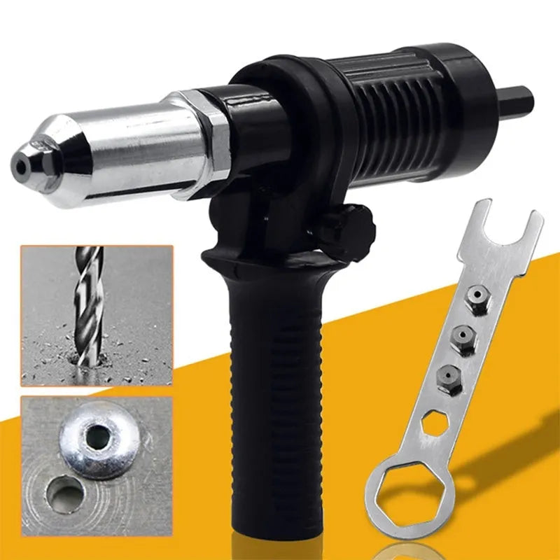Black electric drill rivet gun with 173mm alloy steel head and adapter for fast transformation