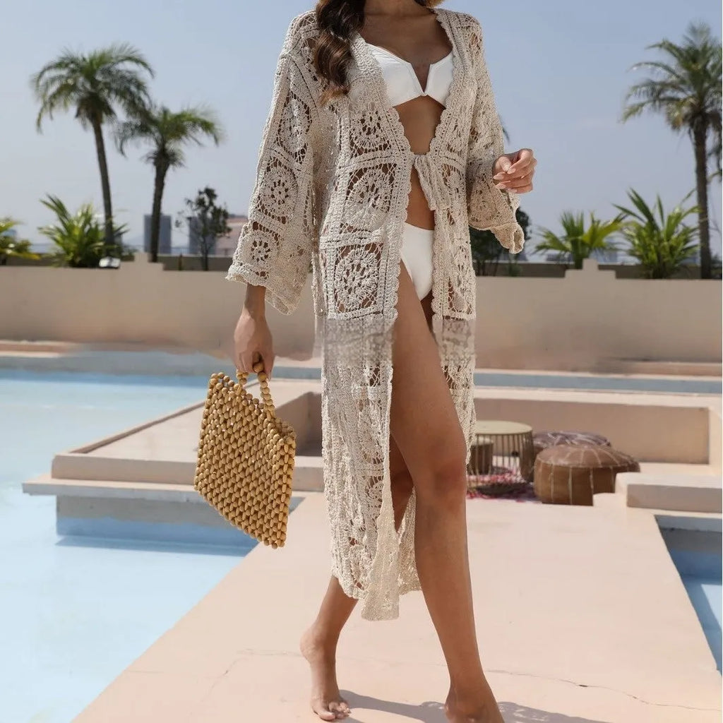 Apricot cotton beach cover-up with embroidery and long sleeves for sun protection