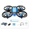 Blue V8 mini RC quadcopter drone with camera, remote control, and modular battery