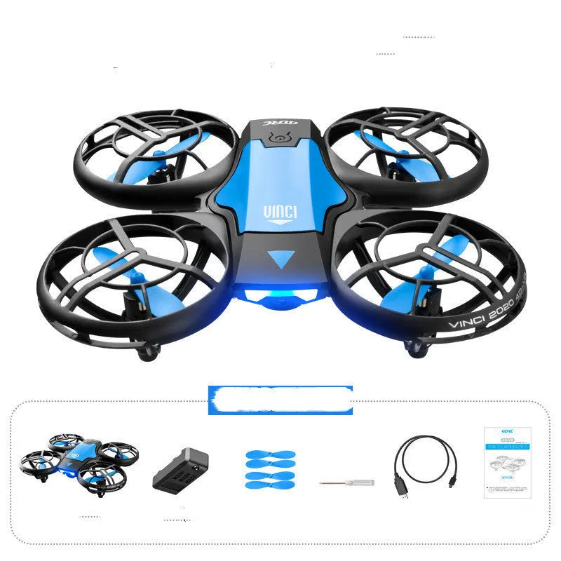 Blue V8 mini RC quadcopter drone with camera, remote control, and modular battery