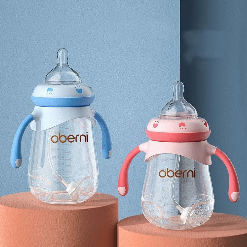 Blue wide caliber baby bottle with handle, anti-colic design, 300ml capacity