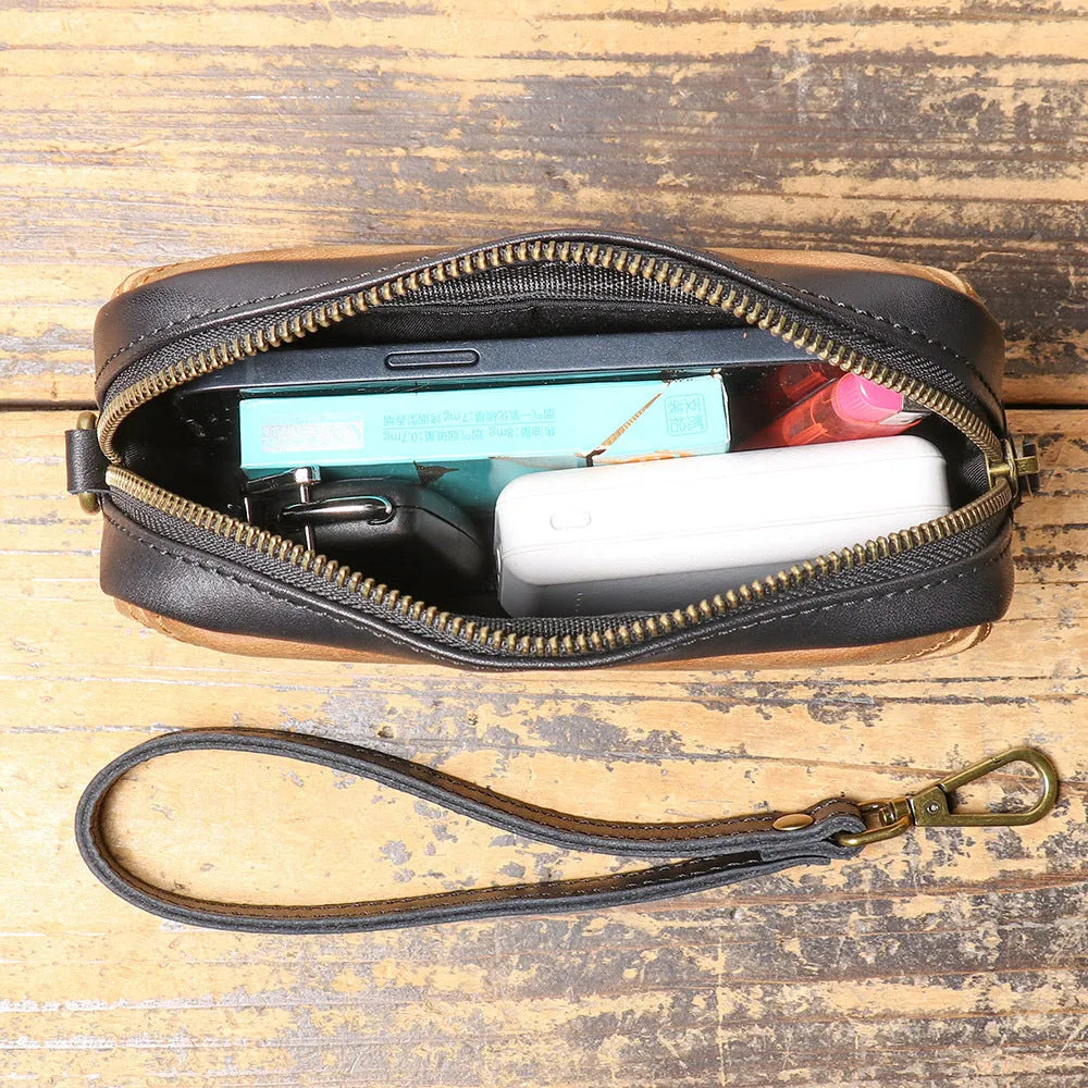 Unisex retro vintage brown first layer cowhide leather messenger bag with horizontal square shape and multi-layer zipper