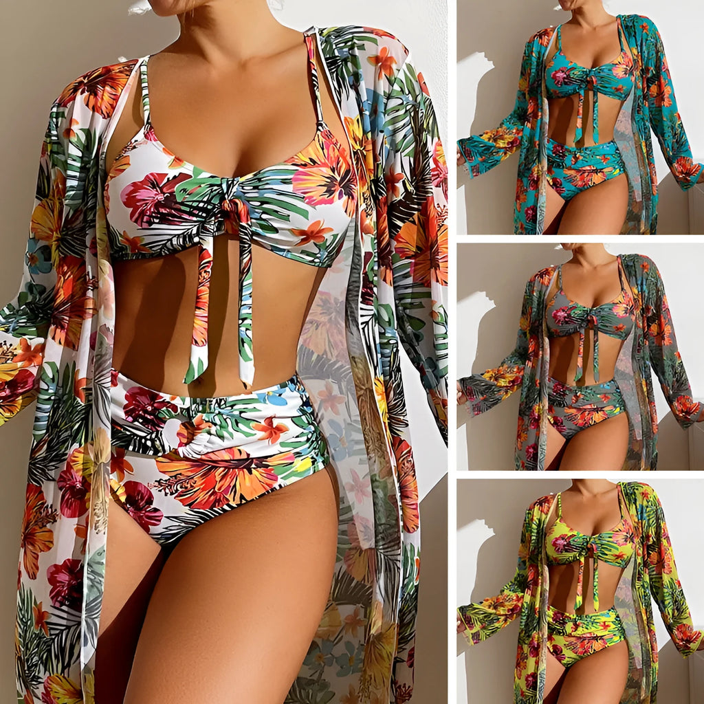 Women's long blouse style plus size bikini swimsuit in loose leisure fit on hanger.