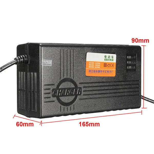 72V20AH electric car charger with compact 165mm design showing charging specifications and plug options