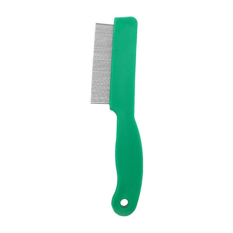 Green pet flea comb with stainless steel pins and plastic handle for grooming dogs and cats