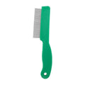 Green pet flea comb with stainless steel pins and plastic handle for grooming dogs and cats
