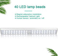 LED motion sensor light with rechargeable battery, showing three size options and colour temperatures for automatic illumination