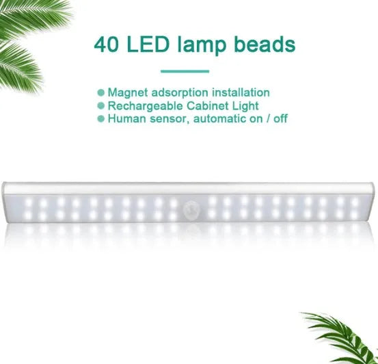 LED motion sensor light with rechargeable battery, showing three size options and colour temperatures for automatic illumination