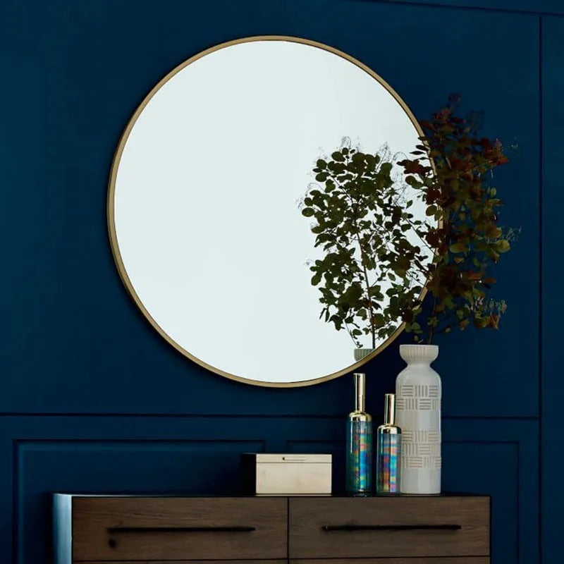 Round bathroom wall mirror with metal frame in black, gold or white colour options