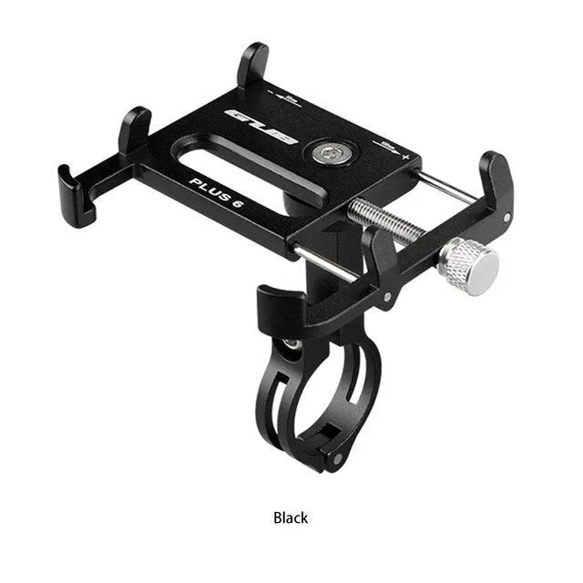 Black aluminium alloy GUB motorcycle phone holder mounted on bicycle handlebars, showing phone clamp.