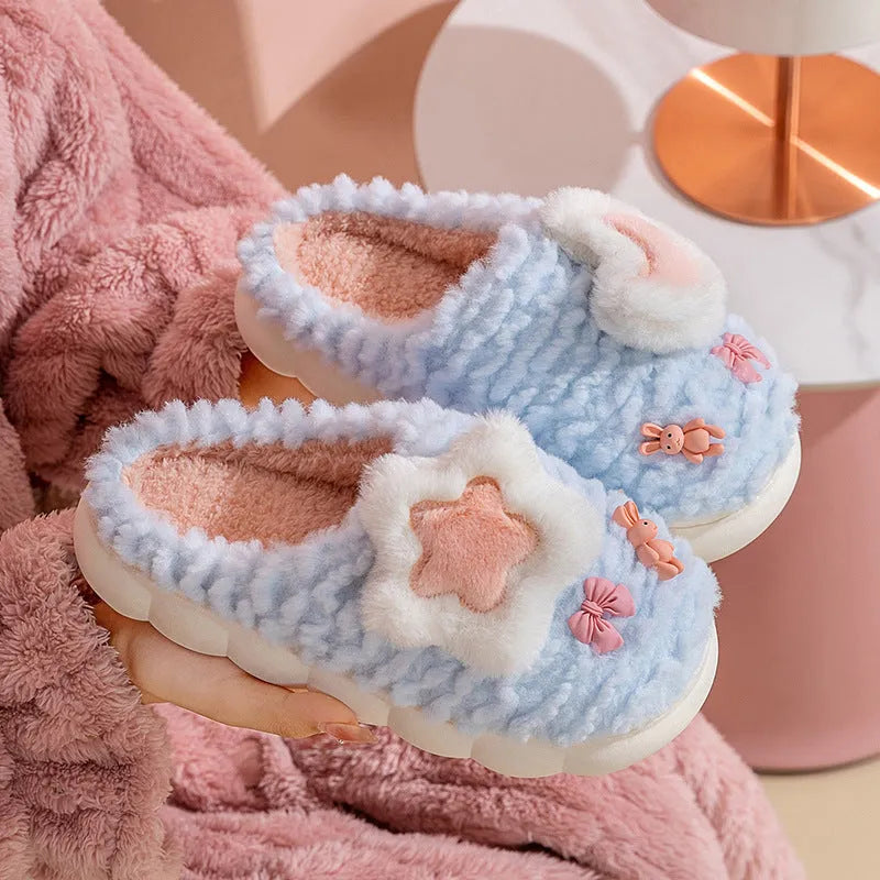 Light blue women's cartoon animal pattern fleece-lined plush slippers with round toe holder