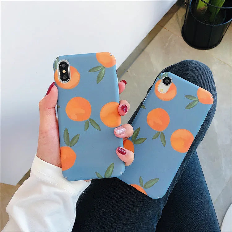 Bright orange plastic iPhone case with a retro water and blue background design
