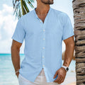 Men's light blue Henry collar cardigan shirt with short sleeves and loose fit linen blend fabric