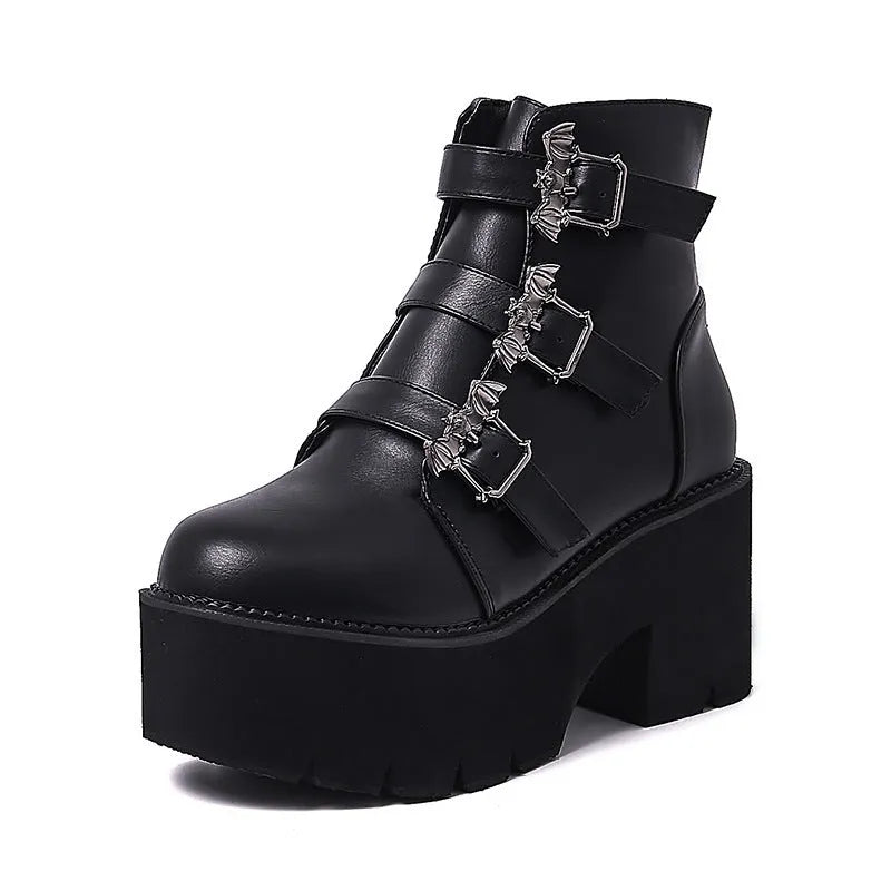 Black Harajuku punk Gothic style short boots with bat buckle detail and side zipper