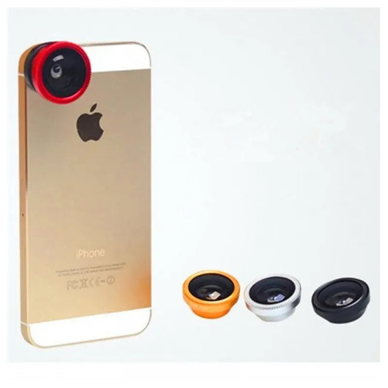 Black aluminium alloy 3-in-1 phone camera lens kit with fisheye, wide angle, and macro lenses next to a universal clip.
