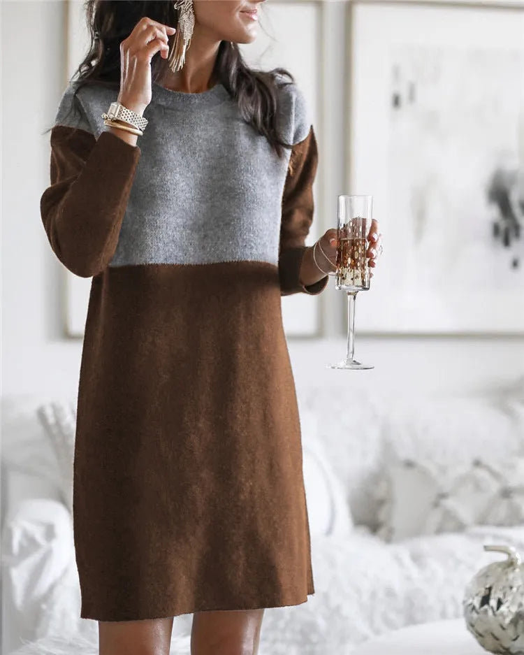 Brown women's loose-fit polar fleece sweater dress with long sleeves, round neck, and decorative collage stitching detail.