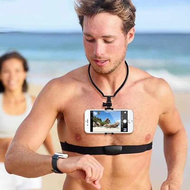 Black wearable neck phone holder with smartphone mounted, showing 180-degree adjustable angle for hands-free recording
