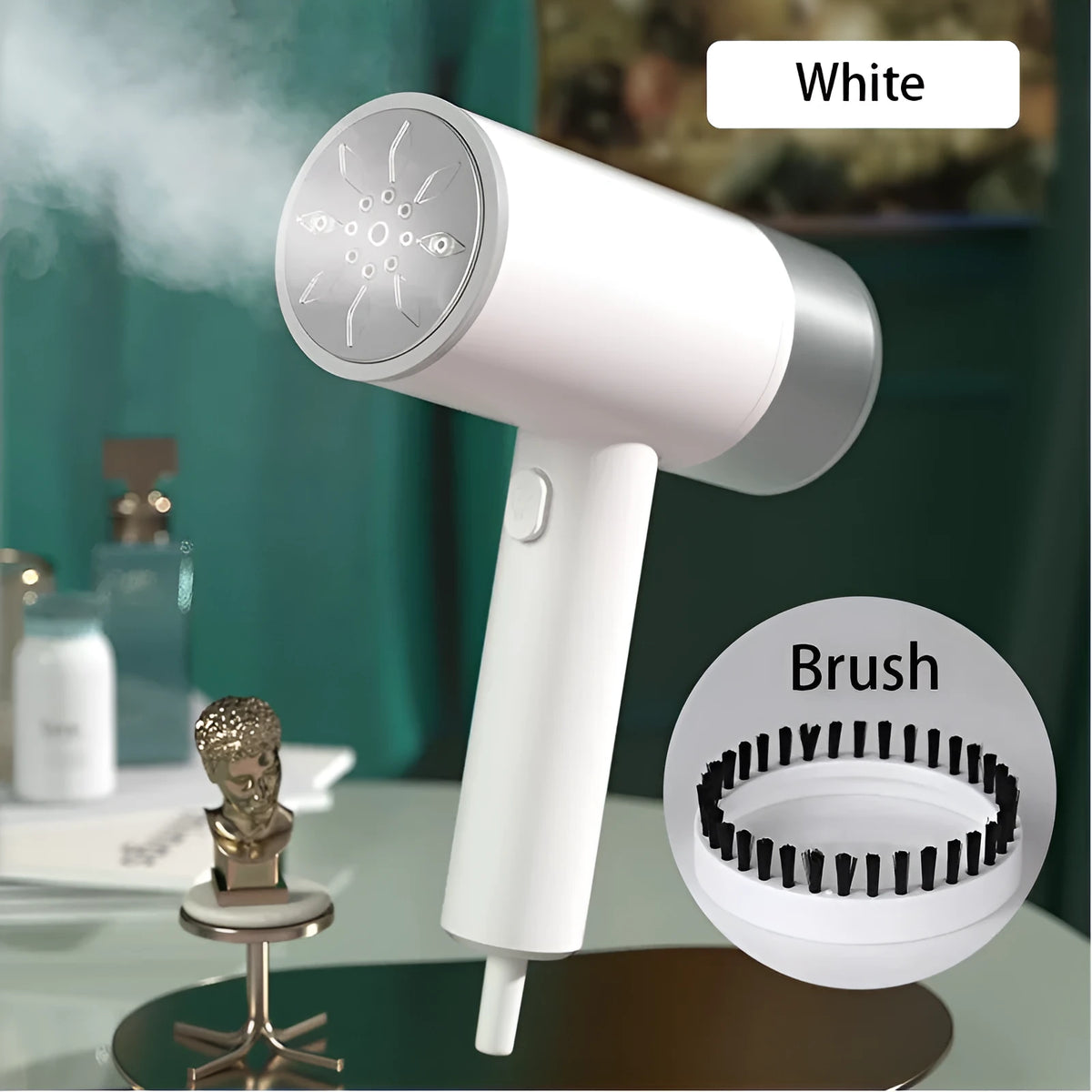 White hand-held hanging ironing machine with stainless steel panel and water tank