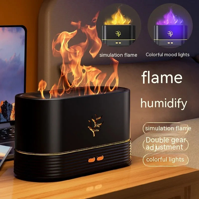 Square black or white USB flame humidifier with LED simulation fire effect and mist output.