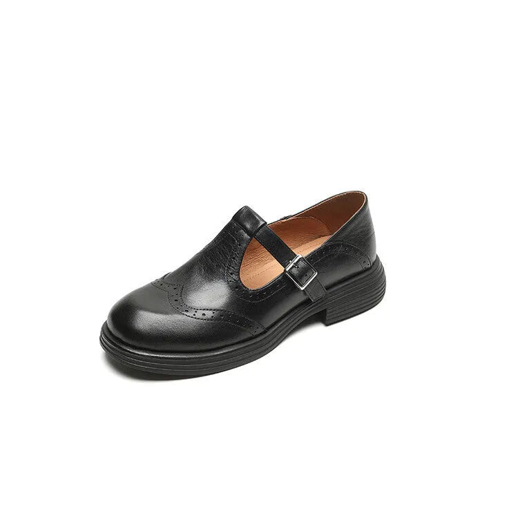 British style women's flat leather shoes with round toe in black and brown colour options