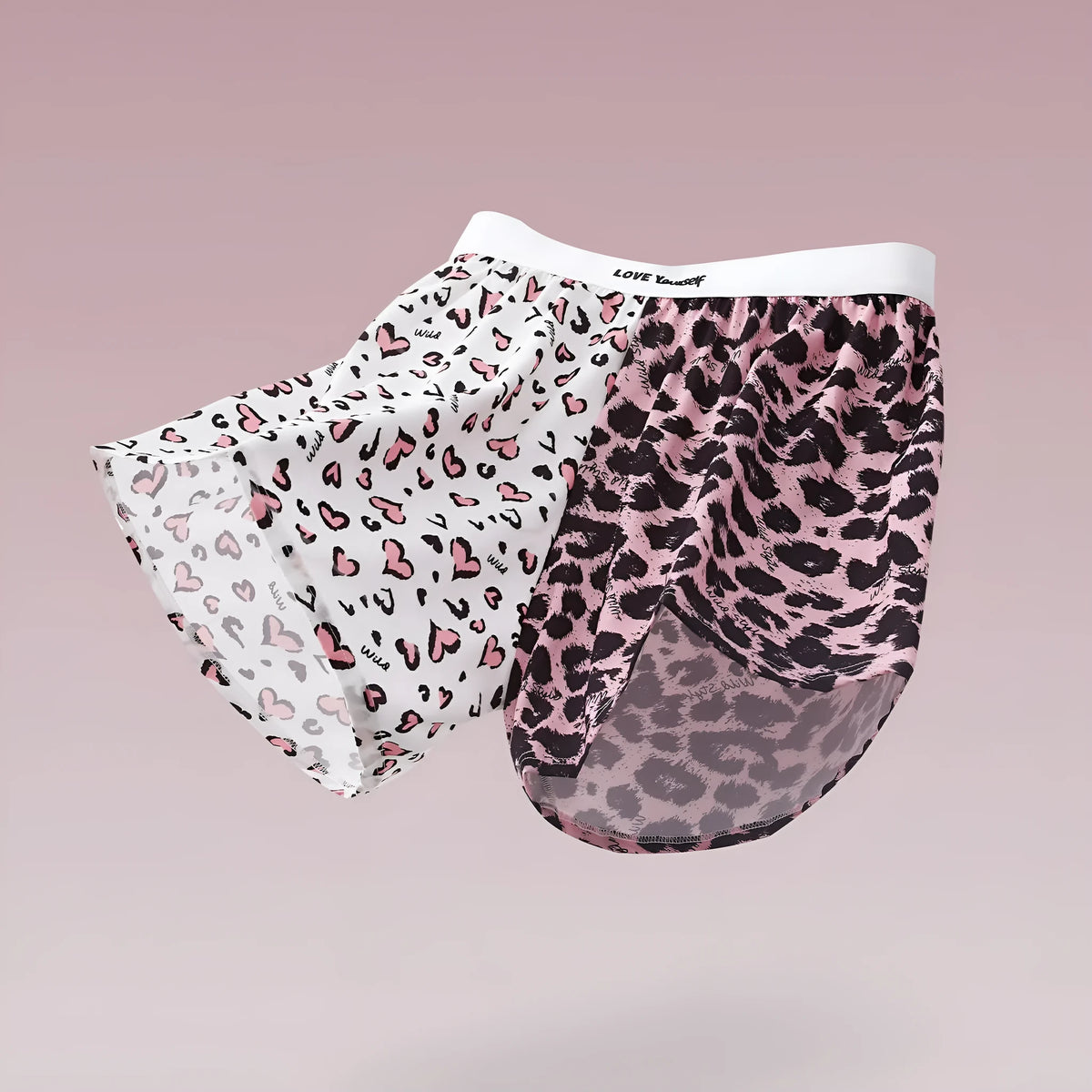 Men's leopard print boxer briefs in woven Ice Silk fabric with quick-drying sports functionality