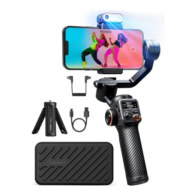 Black three-axis stabiliser with magnetic AI fill light attached to smartphone