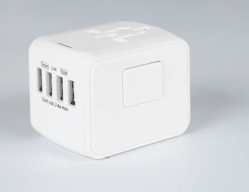 Universal travel adapter with 4 socket holes, 66 x 53 x 52mm, 1500W, PC shell, black blue or green