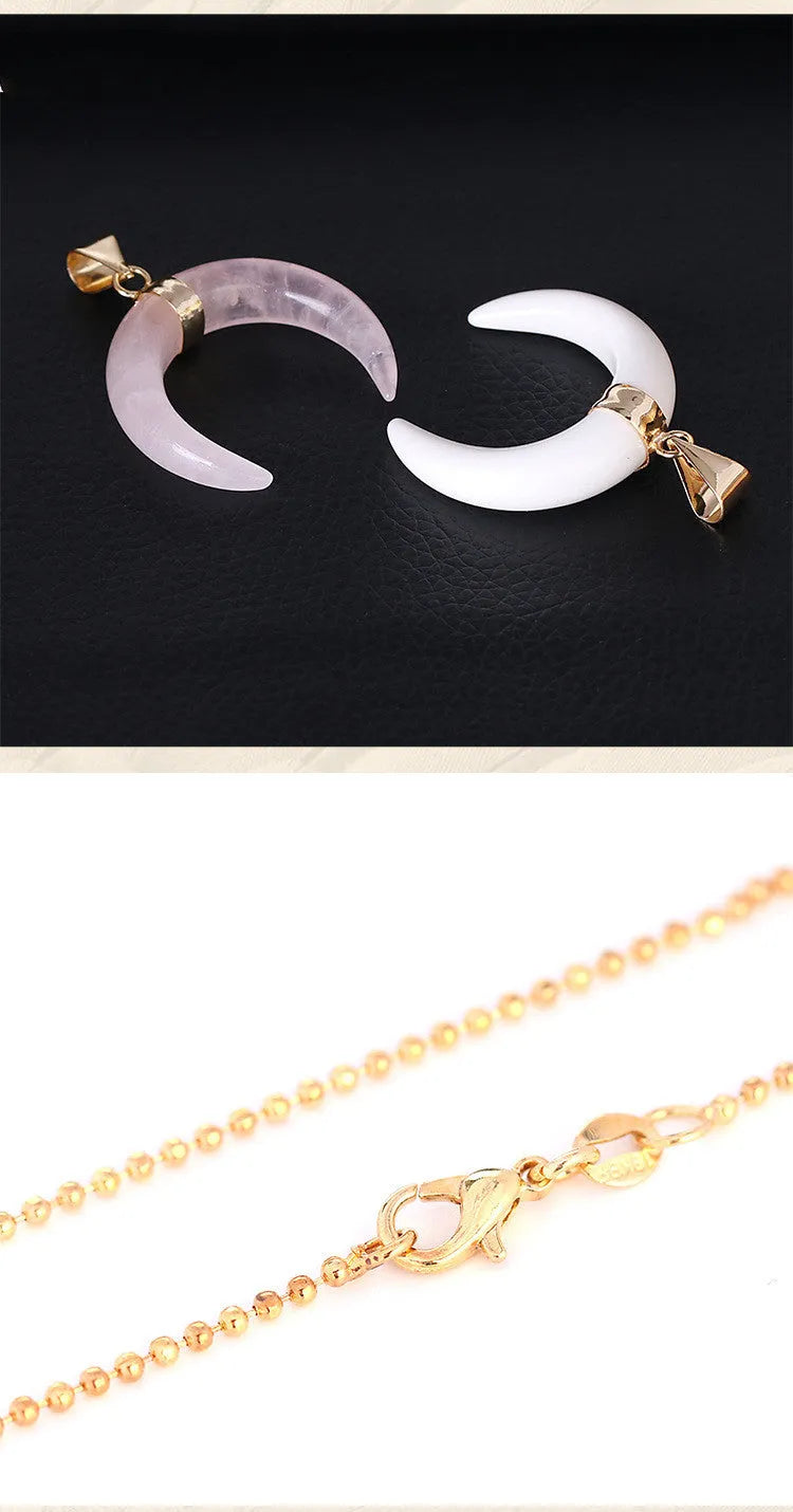Crystal semi-precious stone moon pendant necklace on adjustable chain, showing natural stone details and copper fittings