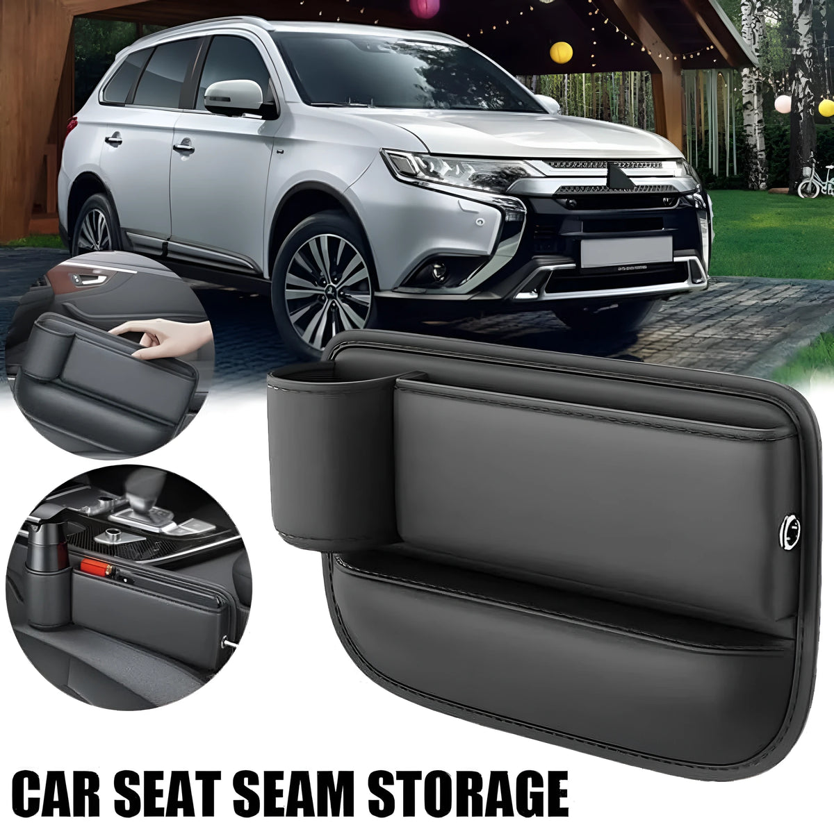 Car seat gap storage box with cup holder in black, white, or red, made from ABS plastic and PU leather