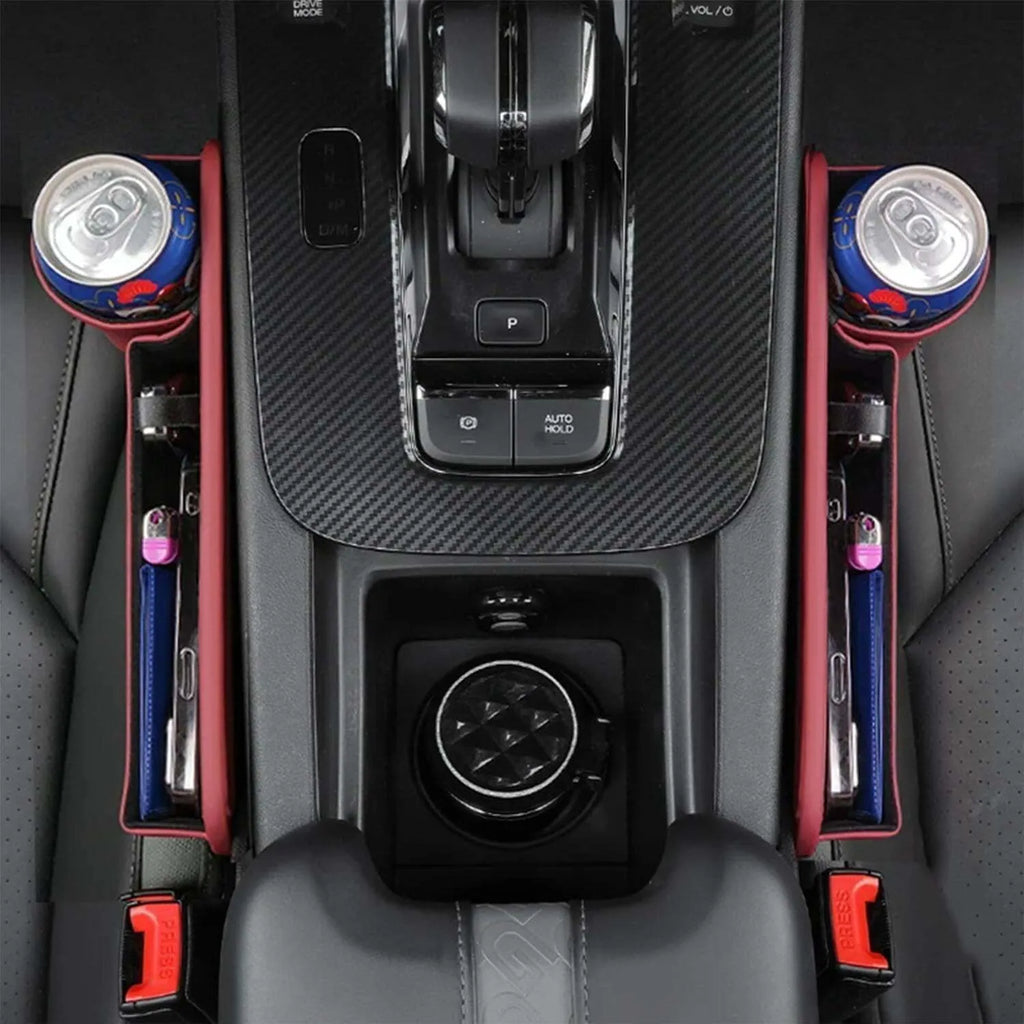Car seat gap storage box with cup holder in black, white, or red, made from ABS plastic and PU leather