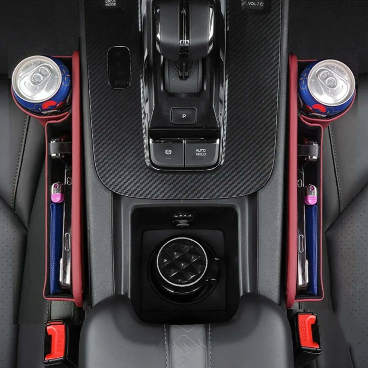 Car seat gap storage box with cup holder in black, white, or red, made from ABS plastic and PU leather