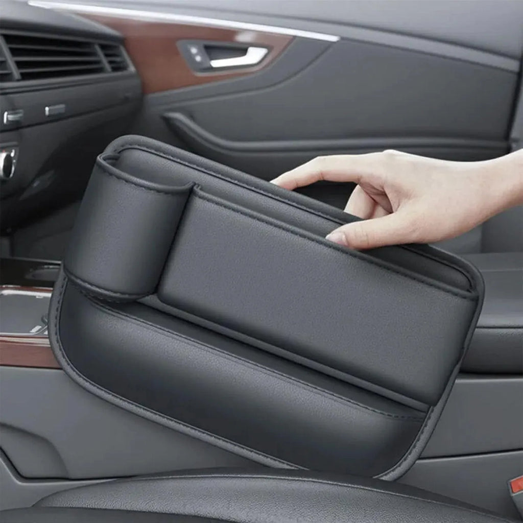 Car seat gap storage box with cup holder in black, white, or red, made from ABS plastic and PU leather