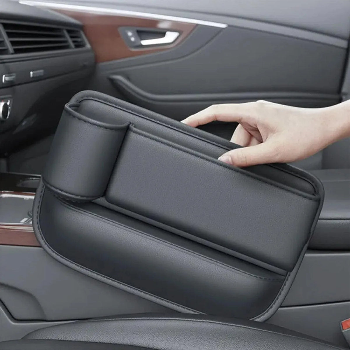 Car seat gap storage box with cup holder in black, white, or red, made from ABS plastic and PU leather