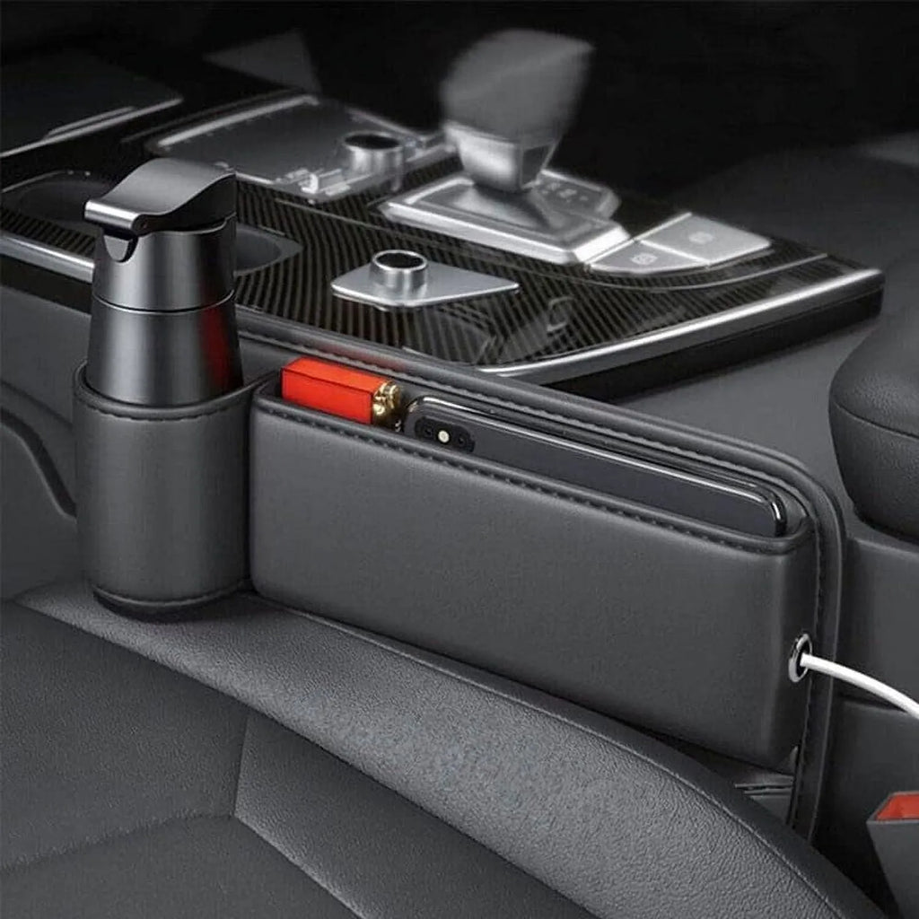 Car seat gap storage box with cup holder in black, white, or red, made from ABS plastic and PU leather