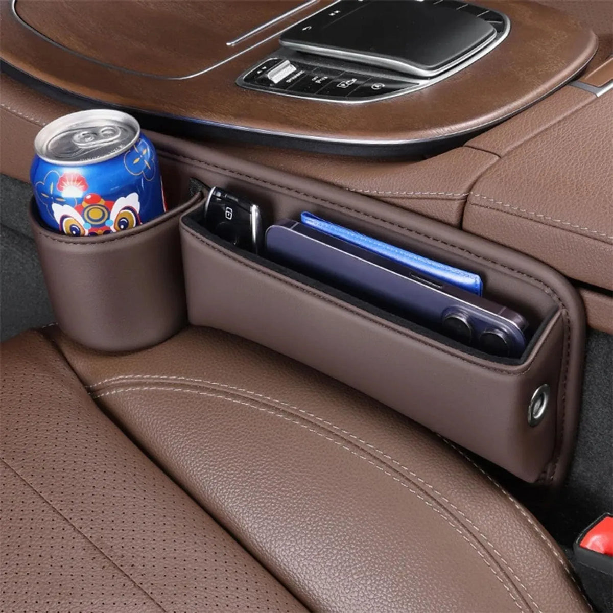 Car seat gap storage box with cup holder in black, white, or red, made from ABS plastic and PU leather