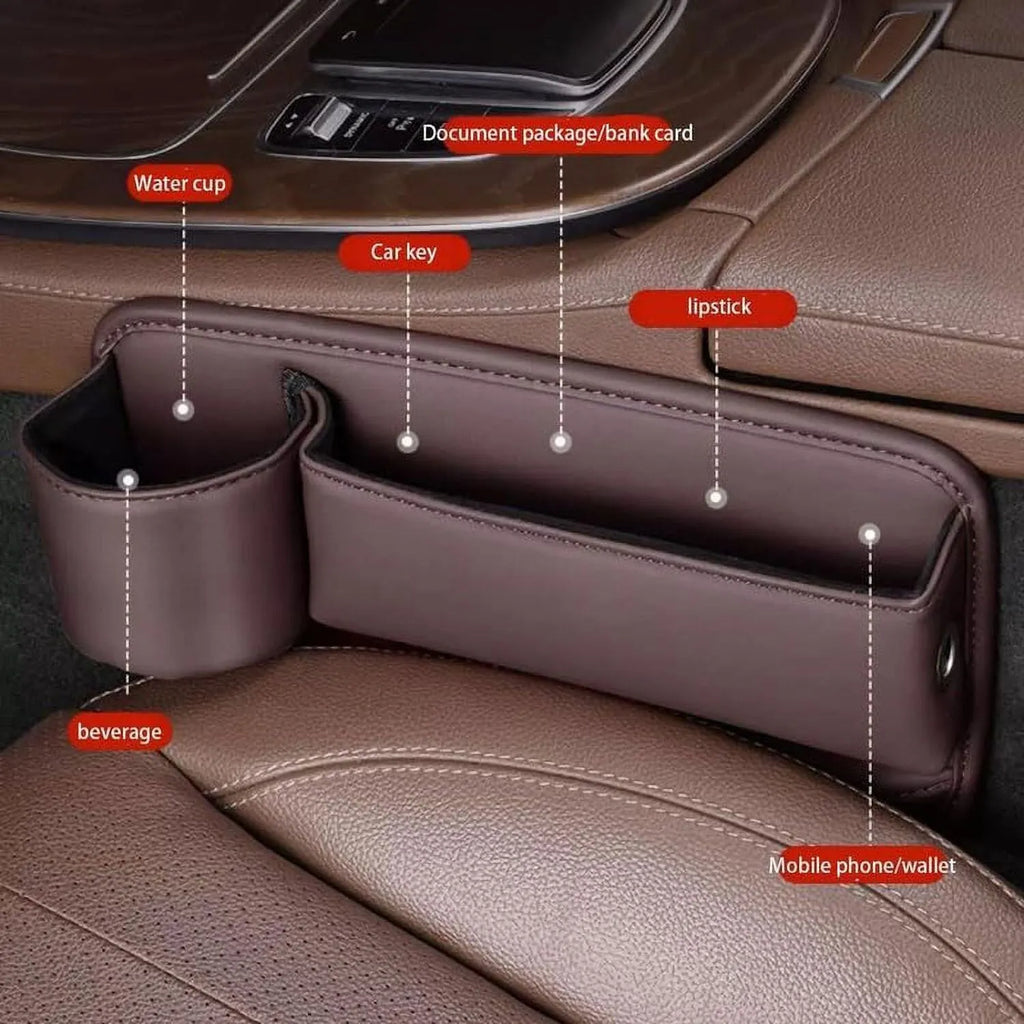 Car seat gap storage box with cup holder in black, white, or red, made from ABS plastic and PU leather