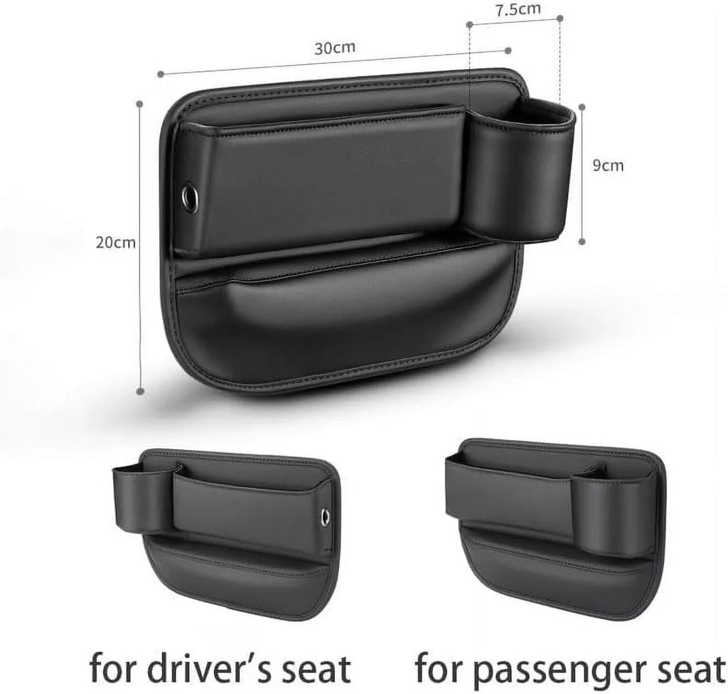 Car seat gap storage box with cup holder in black, white, or red, made from ABS plastic and PU leather