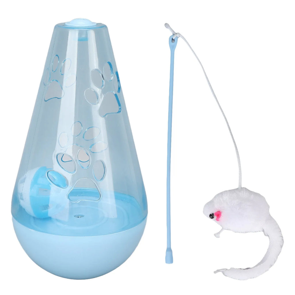 Interactive cat toy with bell ball and plush mouse stick on blue background