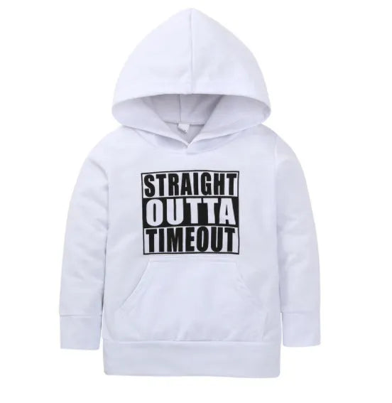Boy's black hooded sweater with white letter pattern, long sleeves, and pullover neck.
