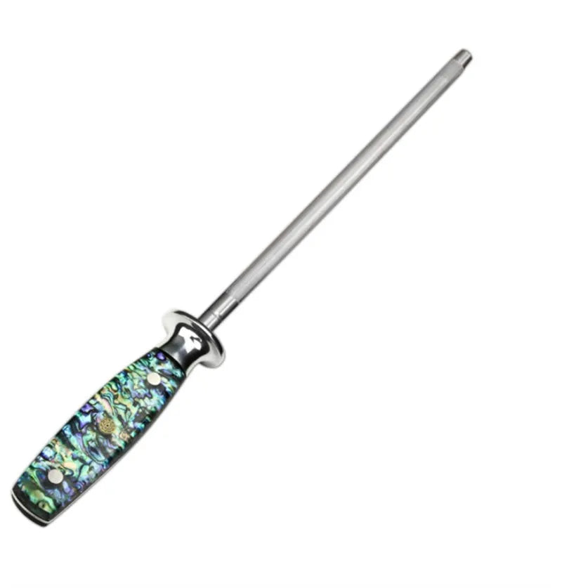 Household kitchen knife sharpener with high carbon steel blade and abalone shell handle