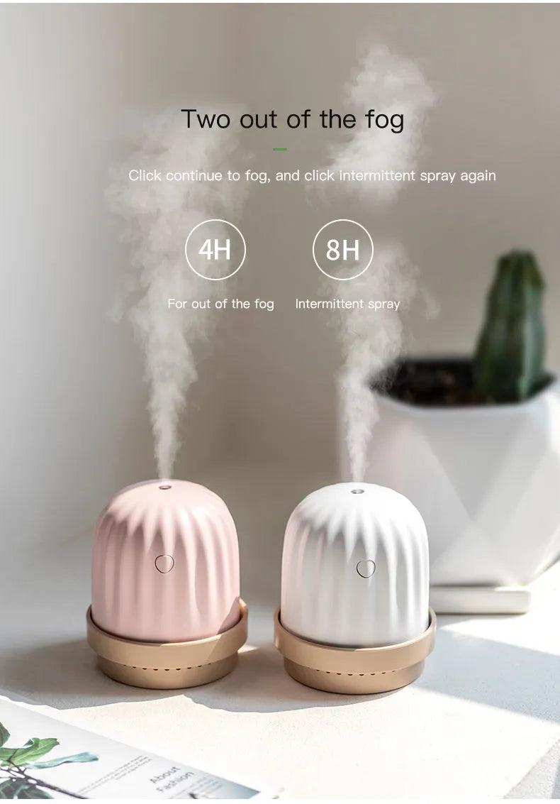 Cactus humidifier night light in green, pink, or white, 260ml tank, USB or rechargeable, 98 x 98 x 112mm