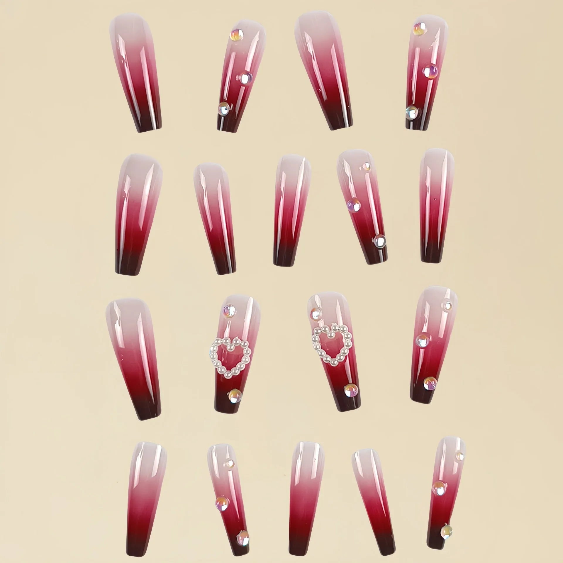 Wine red gradient fake nail tips with plaid heart pattern in long ballet shape