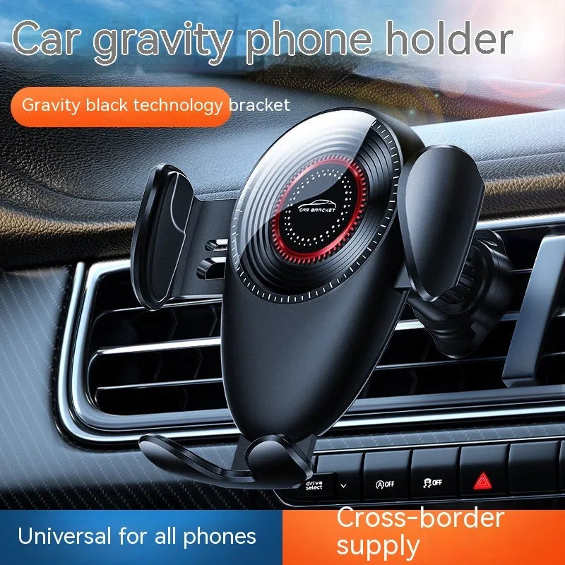 Matte black universal car phone bracket with mechanical support frame mounted on car dashboard
