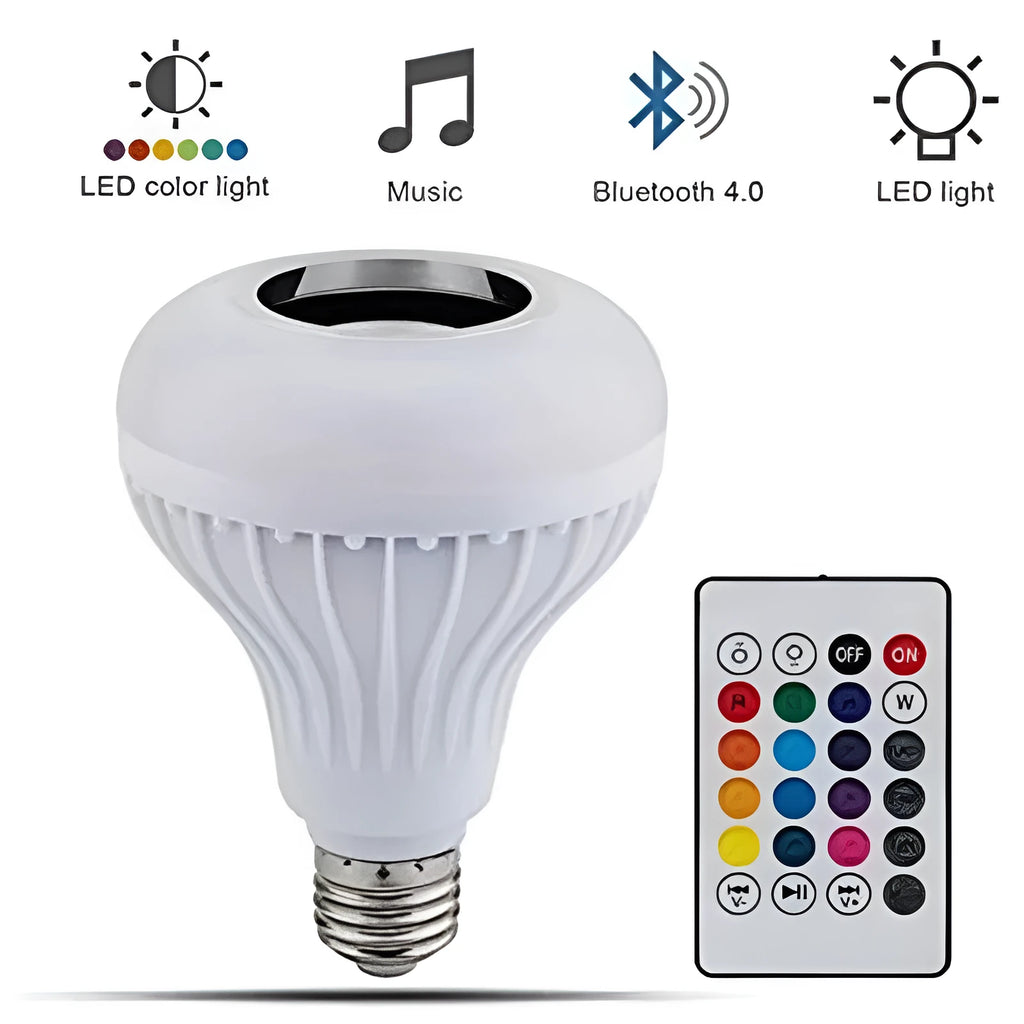 White smart LED bulb with Bluetooth speaker and remote control for multi-colour lighting.