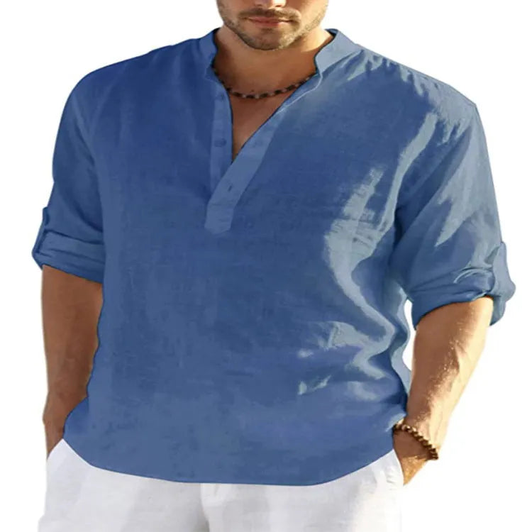 Men's cotton linen long sleeve shirt in solid colour with stand collar and roll-up sleeves