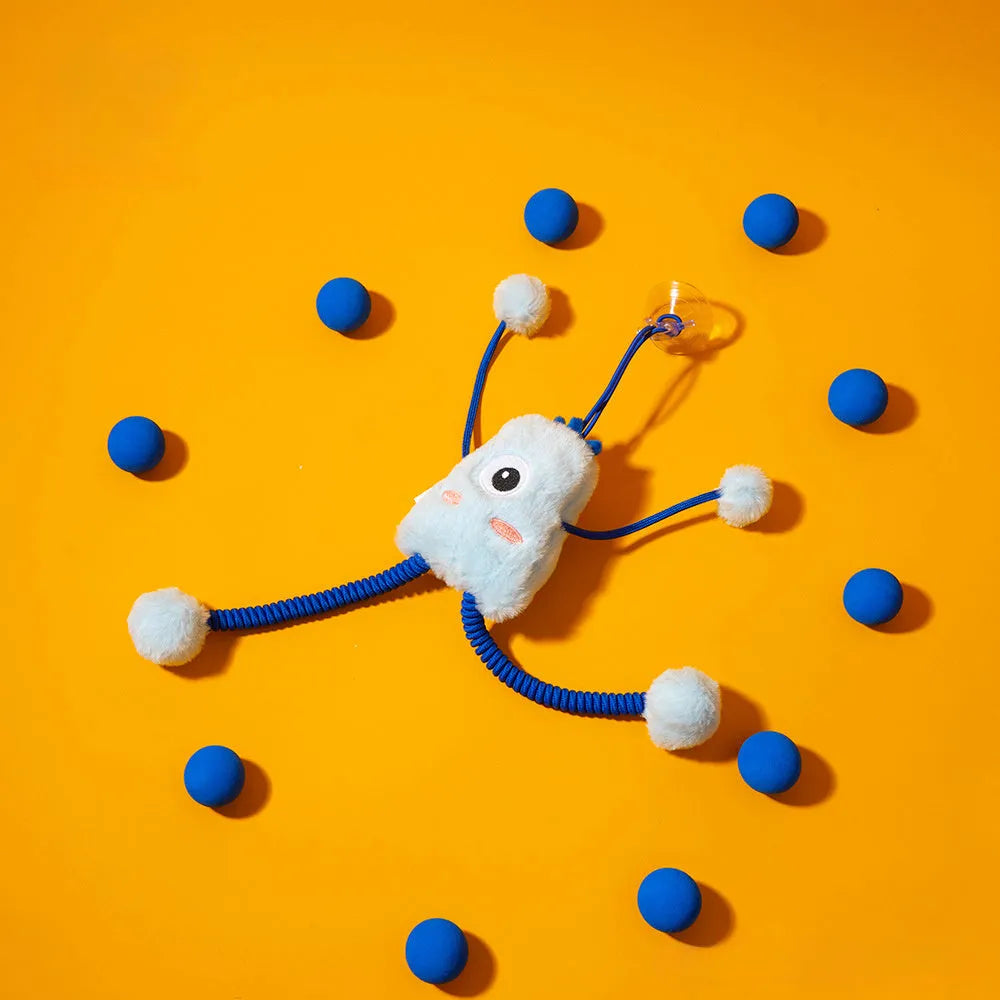 Blue telescopic cat toy with plush ring and bell measuring 30 by 30 centimetres