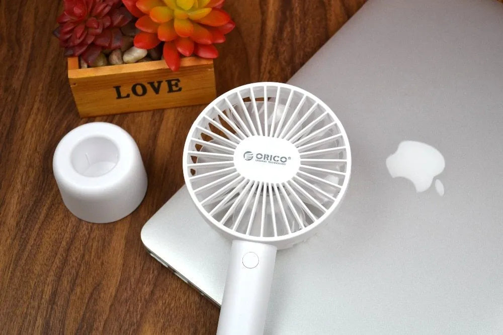 ORICO FH1 white portable USB rechargeable fan with fine lines texture, compact design for desktop use