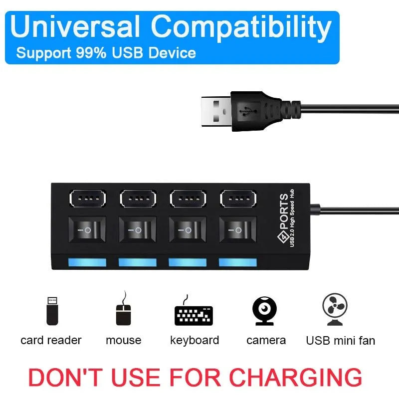Black and white USB hub showing 4-port and 7-port options for computer connectivity