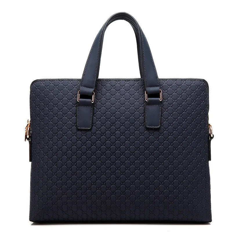 Genuine leather men's business handbag with 14 inch computer pocket, blue and black options