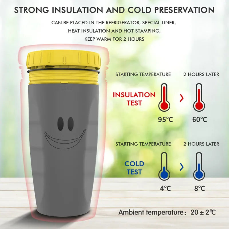 Double insulation travel tumbler with twist-top silicone seal showing cartoon patterns